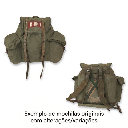 Mochila vintage original dos caçadores alpinos, detalhe dos bolsos exteriores