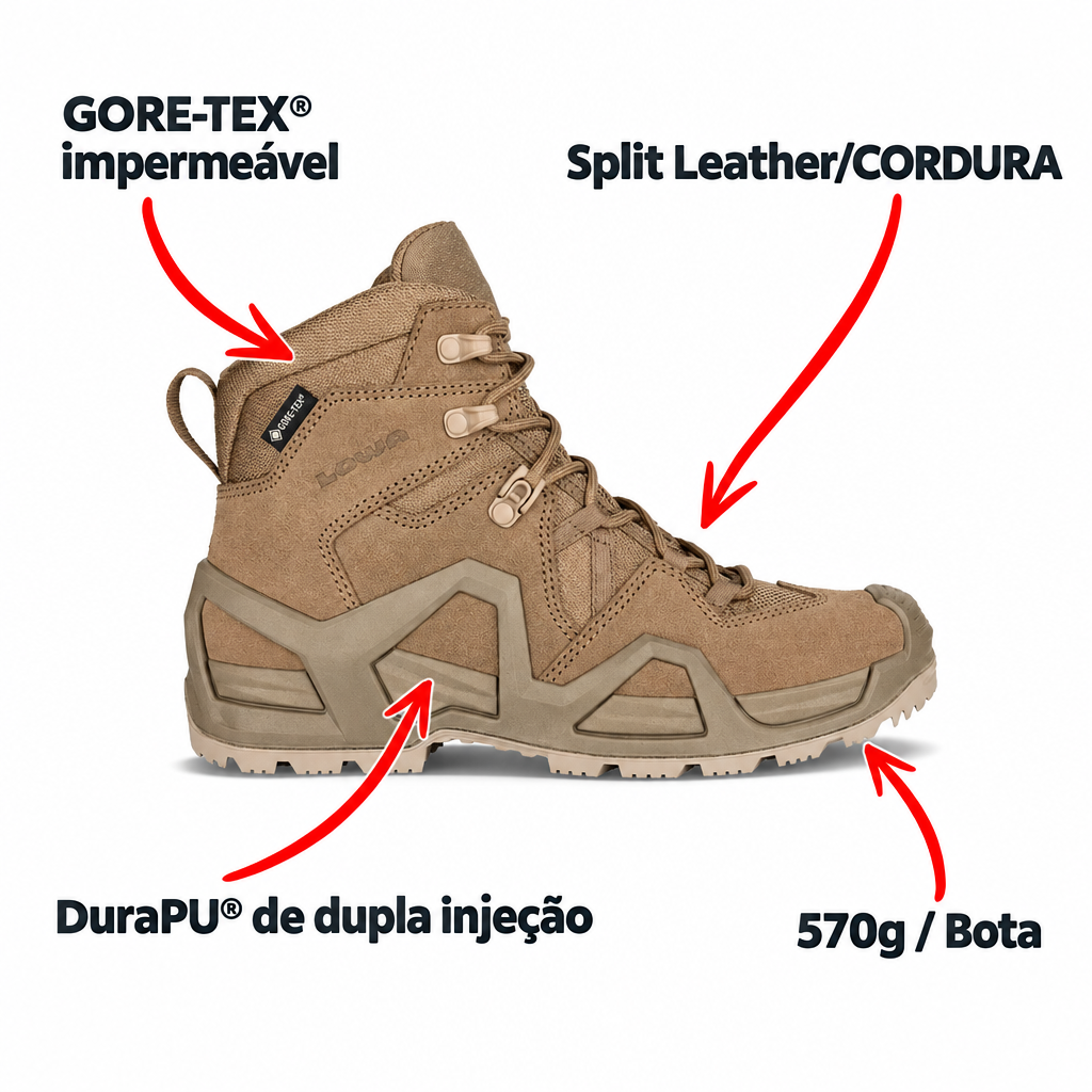 Esquema da bota Lowa Zephyr MK2 GTX Mid coyote com as características: Gore-Tex, Cordura, DuraPU e 570 g