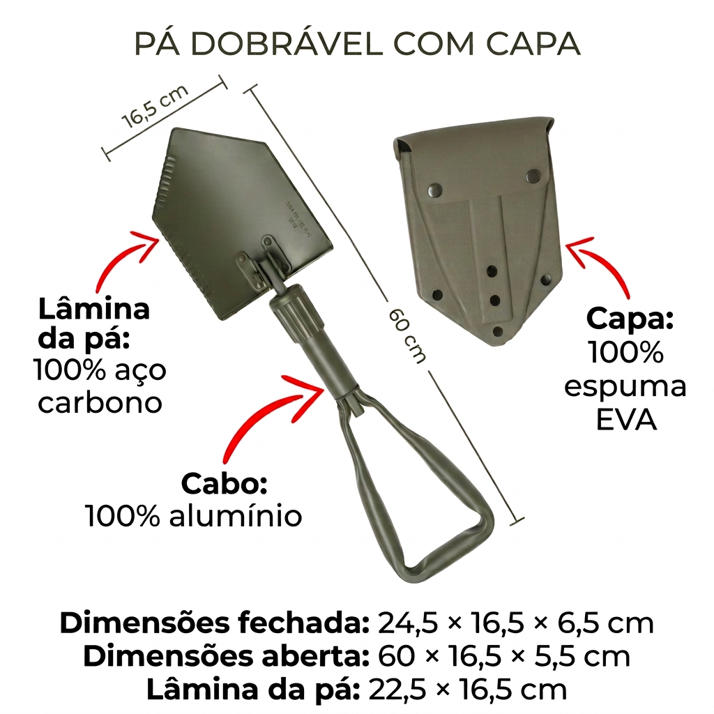 Pá dobrável com bolsa/estojo verde
