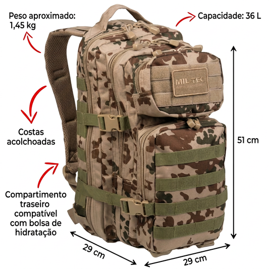 Mochila tática Mil-Tec 36 L em camuflado tropical com medidas: 51 × 29 × 29 cm, peso aproximado 1,45 kg e capacidade 36 L