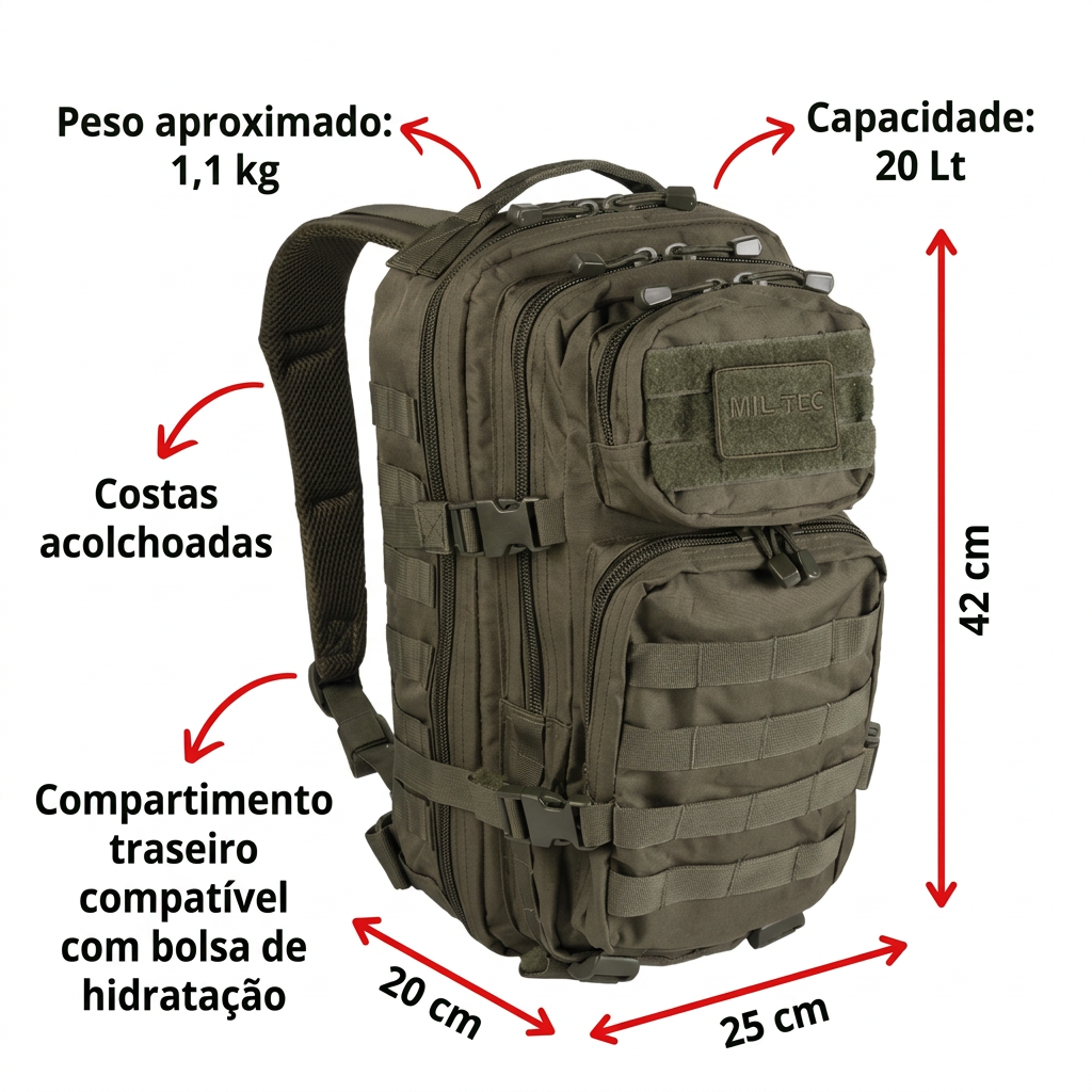 Mochila Tática Mil-Tec 20 L com Sistema MOLLE